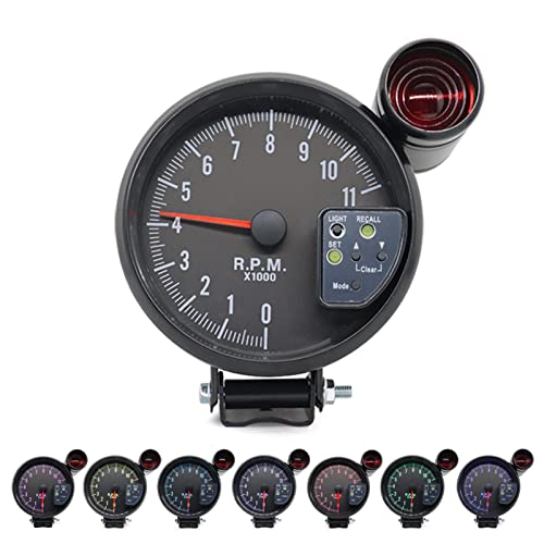 Shkalacar 5" Tachometer Gauge RPM Tach Gauge with 7 LED Multicolored Display Backlight with Shift Light Peak Sound LED Flash When RPM Warning for Universal Car