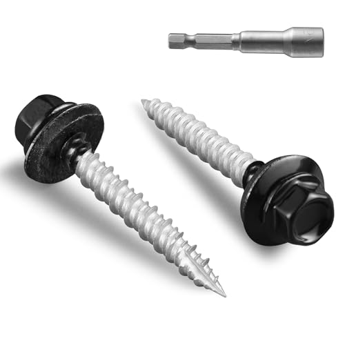 Metal Roofing Screws #10 × 1 1/2 Inch, 220pcs Black Ruspert Coating Hex Head Sheet Metal Roof Screws, Self Starting Metal to Wood Siding Screw, EDPM Rubber Washers #10 x 1-1/2" Sharp Point Black 3lb Box