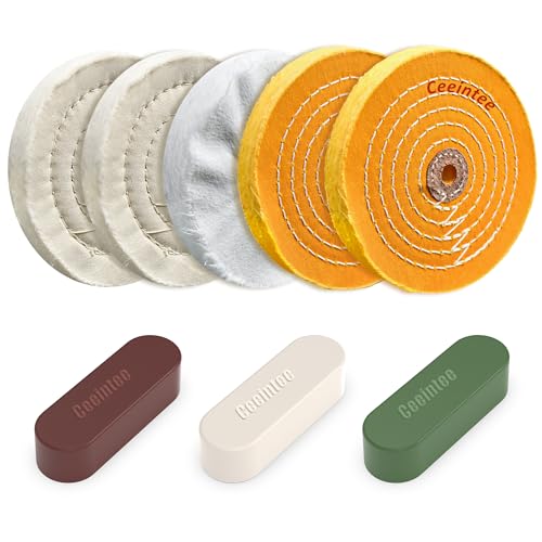 8 Pack 6 Inch Polishing Wheel for Bench Grinder, Include 1/2" Arbor Hole 2 Yellow Cotton(42Ply), 2 White Cotton Polish Wheels(50Ply), 1 Soft Flannel Buffing Wheel(30Ply)& 3 Polishing Compound 6"buffing wheel