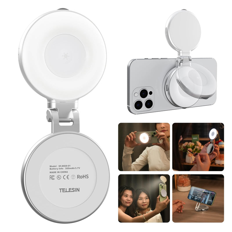 TELESIN C03 Magnetic Selfie Light, Phone Light Compatible with iPhone Magsafe, CRI97 360° LED Selfie Ring Fill Light with Mirror for Selfies/Photography/TikTok/Zoom Calls/Video Conference Silver