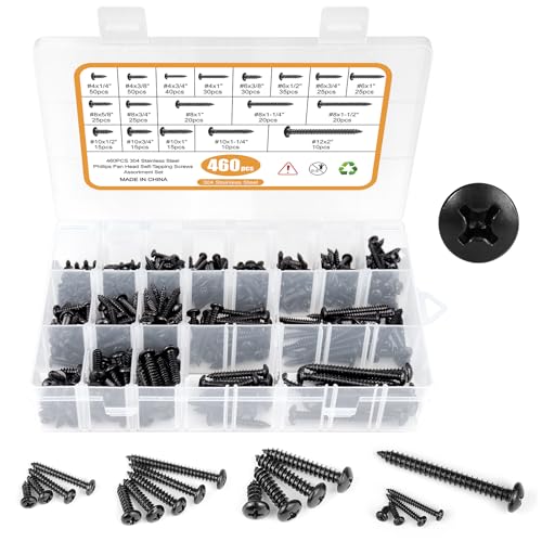 460PCS Black Stainless Steel Wood Screws Assortment Kit, 18 Sizes #4#6#8#10#12 Pan Head Sheet Metal Screws Self Tapping Screws Set for Wood Deck Drywall Concrete Screws, Length 1/4" to 2" Black Pan Head 460PCS