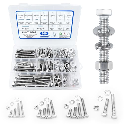 260PCS Hex Head Nuts and Bolts Assortment Kit, 1/4-20, 5/16-18, 3/8-16 Stainless Steel Bolts and Nuts Kit, Assorted Nuts and Bolts Hardware Screws Set, Flat & Spring Lock Washers Assortment with Case Hex Head Kit