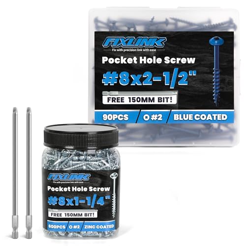 Pocket Hole Screws #8 X 1-1/4", 600 PCS and #8 X 2-1/2", 90 PCS Zinc Coated Pocket Hole Screws for Outdoor, Square Drive, 150MM Drive Bit Included