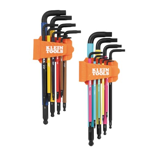 Klein Tools BLS18 Hex Key Wrench Set, Color Coded, SAE and Metric, Heat-Treated, L-Style, Long Arm and Ball End, 1/16-Inch to 3/8-Inch and 1.5 mm to 10 mm, 18-Piece SAE & Metric