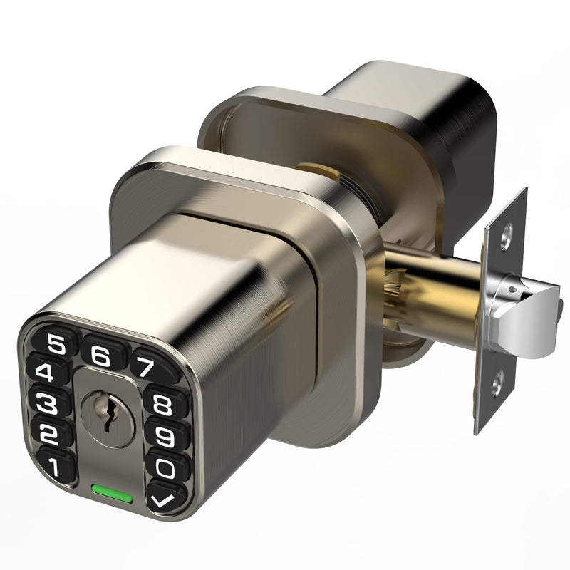 Richelock Square Door Knob with Keypad, Keylees Entry Door Lock with Cylinder, Auto Lock, Waterproof & Weatherproof Code Doorknob for Outdoor & Indoor, Bedroom, Entry Door,Office -Satin Nickel Satin Nickel