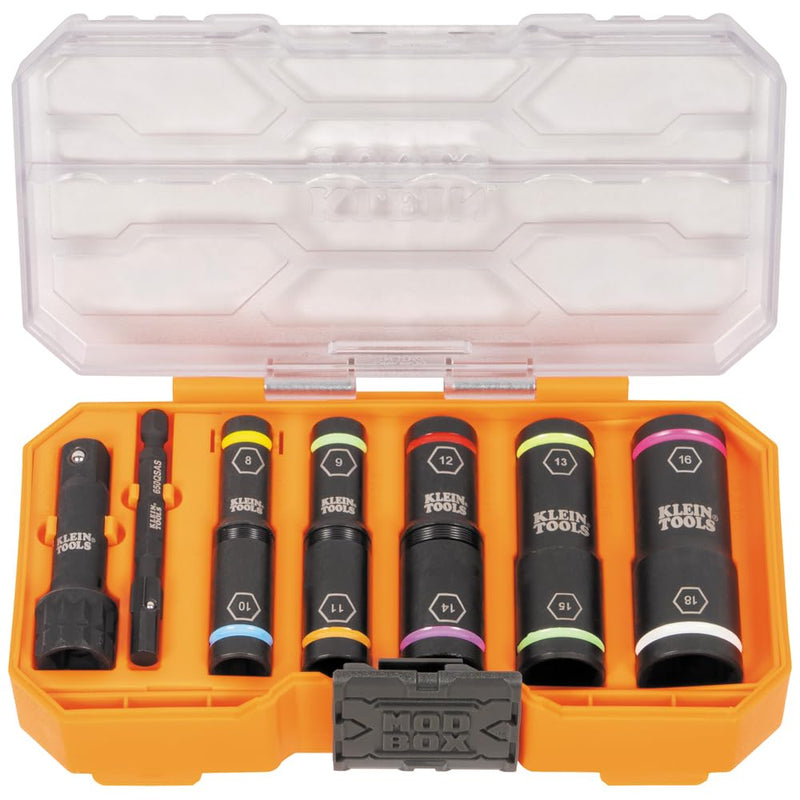 Klein Tools 65619 KNECT Flip-10 Metric Impact Socket Set, Deep Depth, 5 Color-Coded Flip Sockets, 10 Metric Sizes, 1/4 and 3/8-Inch Adapters, MODbox Case
