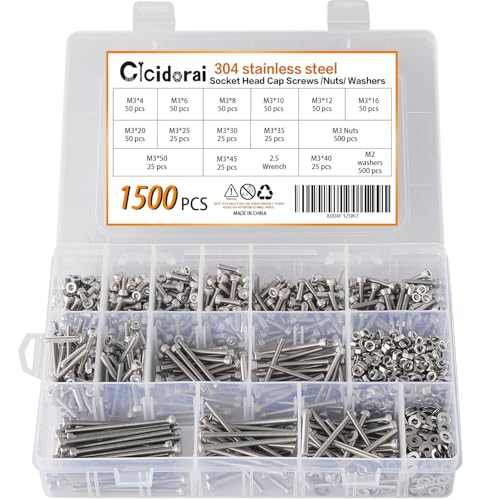 M3 Stainless Steel Hex Socket Head Cap Screws Bolts Assortment Kit - 1500 Pcs (M3 x 4/6/8/10/12/16/20/25/30/35/40/45/50mm) with Nuts, Washers and Hex Key Wrenches M3 x 4/6/8/10/12/16/20/25/30/35/40/45/50