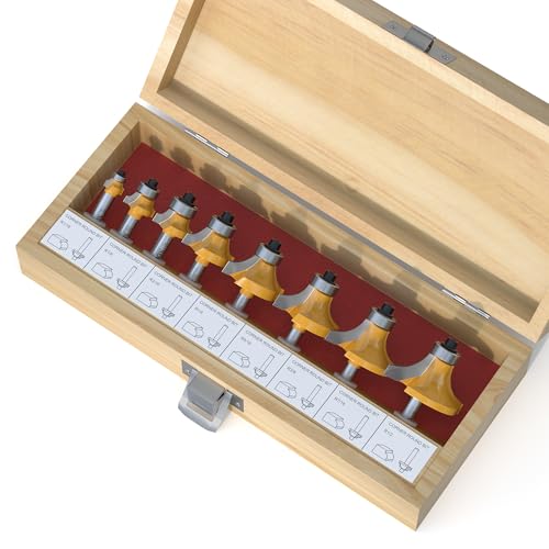 8 Pcs Roundover Router Bits Set 1/4 Shank, Round Over Router Bits, Router Bits Round Over for Edging Forming Rounding Woodworking Cutter, Radius: 1/2", 7/16", 3/8", 5/16", 1/4", 3/16", 1/8",1/16" 8 Bits Set - 1/4" Shank 1/4 Inch Shank