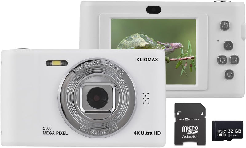 4K Digital Camera, FHD 1080P Kids Camera, 50MP Point and Shoot Camera with 16X Zoom Anti Shake, Compact Portable Small Camera for Girls Boys Teen Student with 32GB Micro SD Card, 1x Batteries White