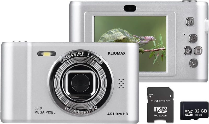 4K Digital Camera, FHD 1080P Kids Camera, 50MP Point and Shoot Camera with 16X Zoom Anti Shake, Compact Portable Small Camera for Girls Boys Teen Student with 32GB Micro SD Card, 1x Batteries Silver