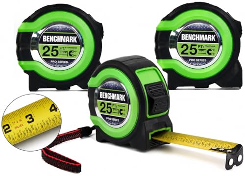 3 Pack - Tape Measures 25 ft - Easy to Read Fractions to 1/8th inch - Magnetic Tip - Thumb and Quick Lock - Autowind - Belt Clip - Green - Measuring Tape Retractable 3