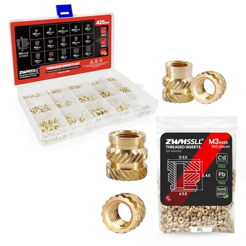 Bundle -Threaded Inserts M3+M2+M2.5+M4+M5+M6 Assortment Box(425Pcs) + Heat-Set Threaded Inserts M3x4x5mm(500pcs)- Inserts in Plastic Parts and 3D Printer Parts