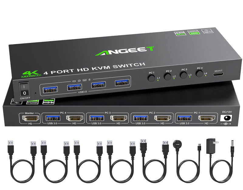 4 Port HDMI KVM Switch 4K@60Hz, Simulation EDID, ANGEET USB3.0 KVM Switches for 4 Computers Share 1 Monitor and Keyboard Mouse Printer, with Wired Remote,12V Power Adapter and 5 Cables KVM 1 Monitor 4 PC