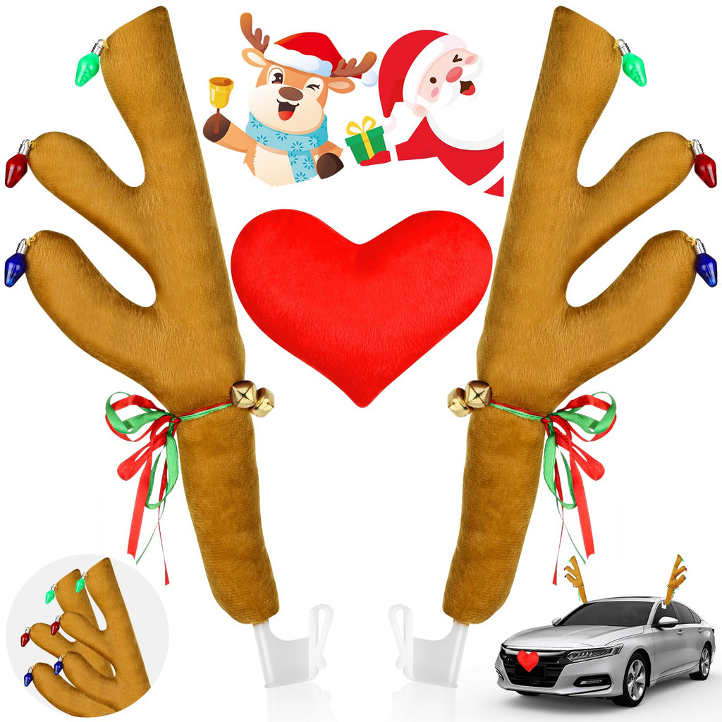 Reindeer Car Kit for Christmas with Nose, Christmas 4 Window Sticker, Car Antlers and Nose for Car Window Roof-Top & Front Grille, Auto Holiday Decoration Reindeer for Car SUV Van Truck 15.5 inches Heart-shaped Nose