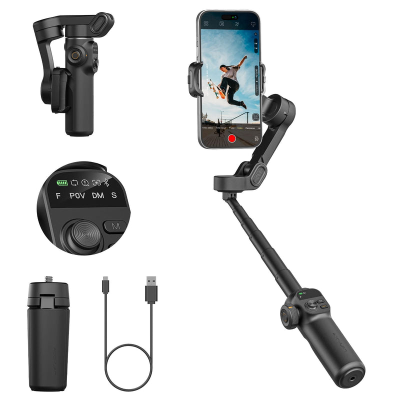 Smart X2 Gimbal Stabilizer, 3-axis Smartphone Gimbal Built-in 20cm Extension Rod, Portable Smart Tripod w/OLED Screen, 360°Rotation Tracking Shooting, Video Recording, Black