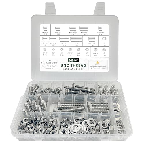 246 Hex Bolts, Nuts, Washers Assortment Kit, 304 Stainless Steel Hex Head Heavy Duty