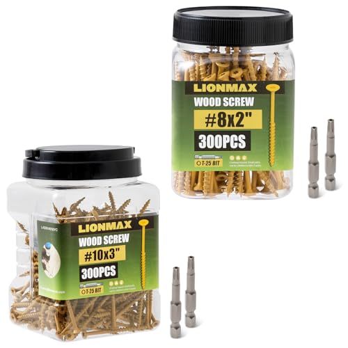 LIONMAX Deck Screws #10 x 3 Inch 300 PCS, #8 x 2 Inch 300 PCS, Rust Resistant, Exterior Epoxy Coated, Outdoor Decking Screws, Torx/Star Drive Head Deck Screw, T25 Star Bit Included, Tan
