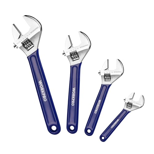 WORKPRO 4-Piece Wide Jaw Adjustable Wrench Set, 6"-12", Chrome Plated Blue
