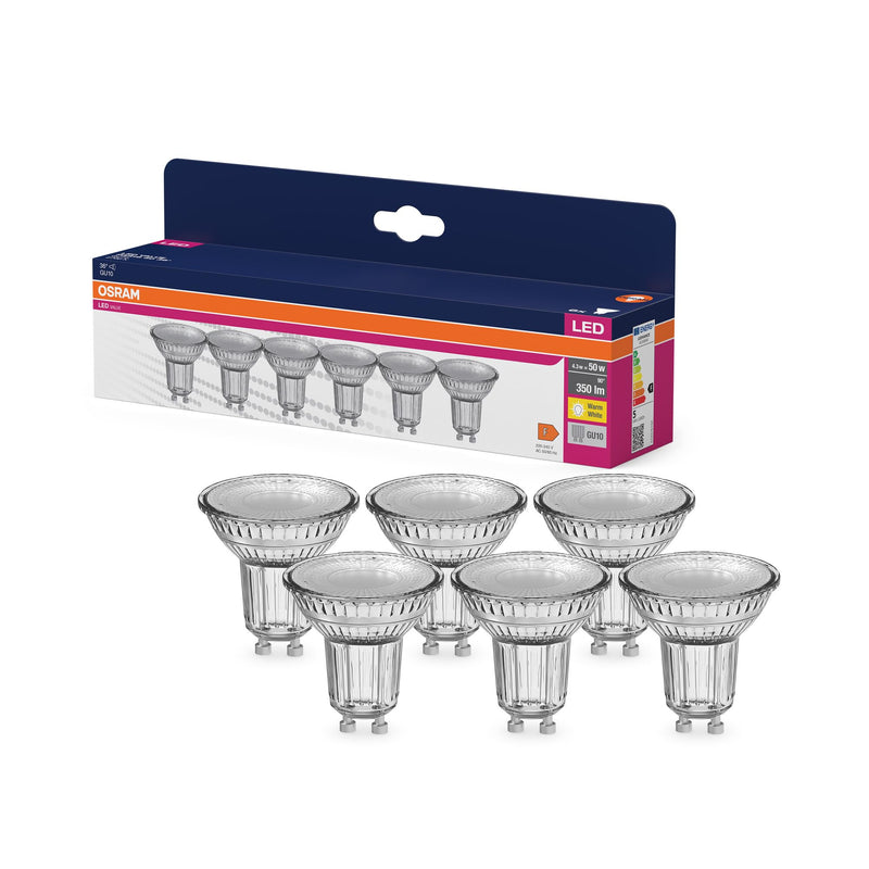 Osram LED Star Value PAR16 Value Pack with 6 Bulbs, Replaces Conventional 50 W Reflector Bulbs, Warm White (2700 K), 4.3 W, GU10 Socket, Filament Glass, Not Dimmable 10 pcs (pack of 1) 36° beam angle Pack of 6