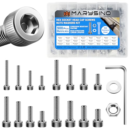 900Pcs M3 M4 M5 M6 Machine Screw Assortment Kit, 304 Stainless Steel Screws, Hex Socket Head Cap Metric Bolt Assortment with Washers and Nuts for 3D Printer Silver 900Pcs M3 M4 M5 M6