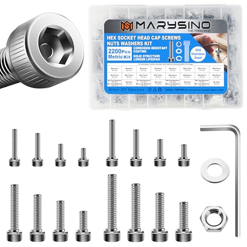 2200Pcs M2 M3 M4 M5 Machine Screw Assortment Kit, 304 Stainless Steel Screws, Hex Socket Head Cap Metric Bolt Assortment with Washers and Nuts for 3D Printer Silver 2200Pcs M2 M3 M4 M5