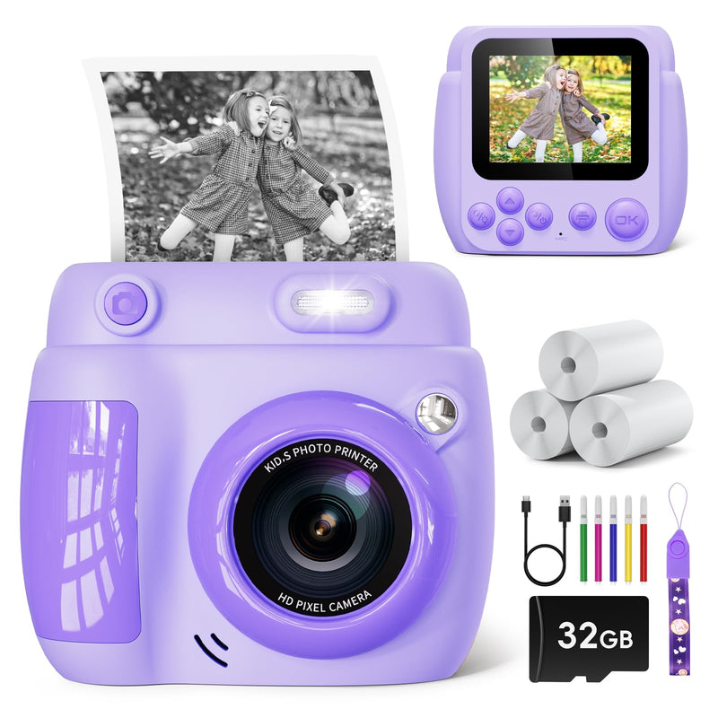 Kids Camera Instant Print, Christmas Birthday Gifts Toys for 3-10 Year Old Boys Girls, 1080P Video 20MP Toddler Digital Camera with 3 Rolls Paper & 32GB Card - Purple