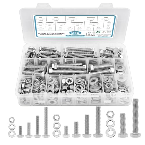 Stainless Steel Hex Head Nuts and Bolts Assortment Kit, 246PCS 1/4-20, 5/16-18, 3/8-16 Assorted Nuts Bolts and Flat & Spring Lock Washer with Box