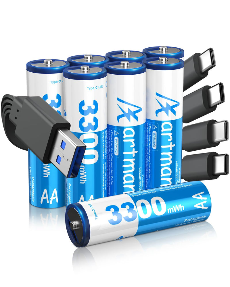 Artman USB Rechargeable AA Lithium Batteries, 1.5V Double A Batteries with 4-in-1 USB-C Charging Cable, Rechargeable Lithium AA Battery for Blink Camera, Remote Controller, Flashlight (8 Pack) 8-Pack AA Batteries USB