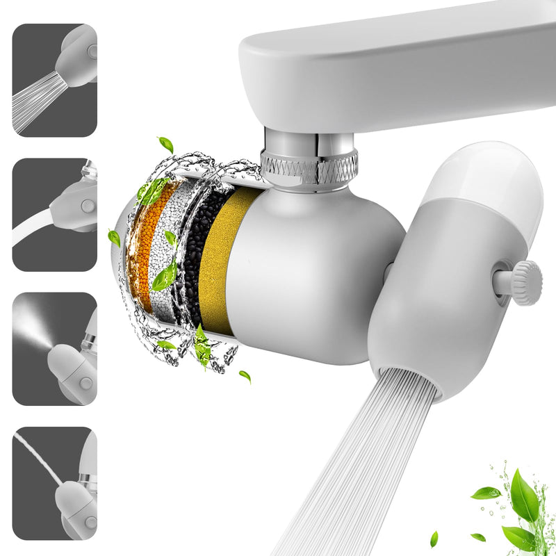 4 Modes Multifunctional Kitchen & Bathroom Water Filter for Sink Faucet with 2pcs Replacement Filters - 99.9% Chlorine Removal - Skin Hydration in 2 Weeks-Compatible with Most of Faucet A-Grey