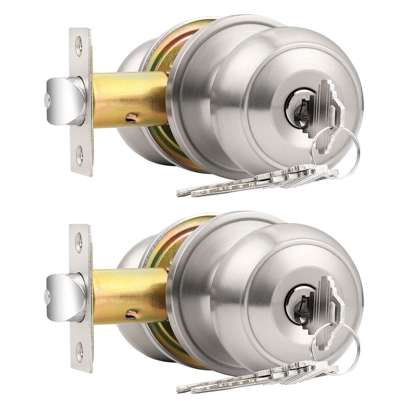 Probrico Keyed Alike Door Knobs with Lock and Key, Exterior Door Locks, Flat Ball Knob Style, Brushed Nickel, 2 Pack