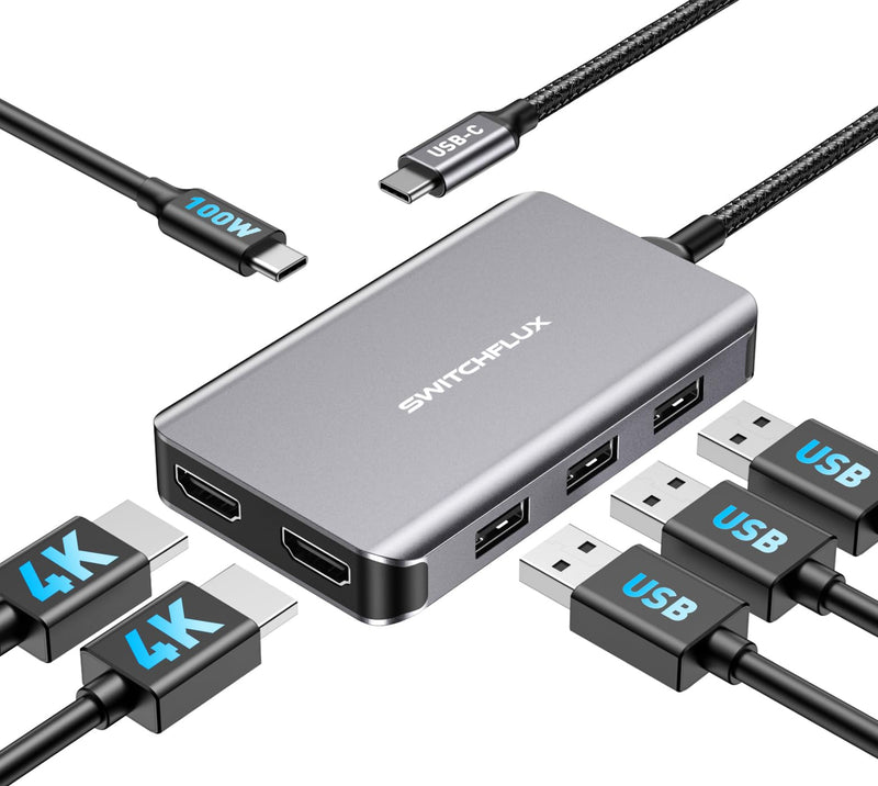 USB C Docking Station Dual Monitors Adapter,6 in 1 USB C Hub for Dual 4K HDMI Display,USB C Hub with 2×HDMI,3×USB Port,100WPD Compatible for MacBook Air/Pro,Dell XPS,and More