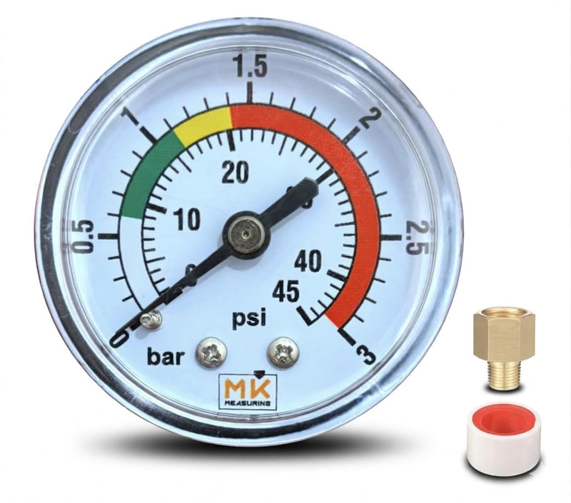 Pool Filter Pressure Gauge 0-3 Bar / 45 PSI, 1/4" BSP Brass Connector Axial, 2" Dial, for Sand Filter Systems - Includes Teflon Tape and 1/8" Adapter 1/4 BSP - Axial