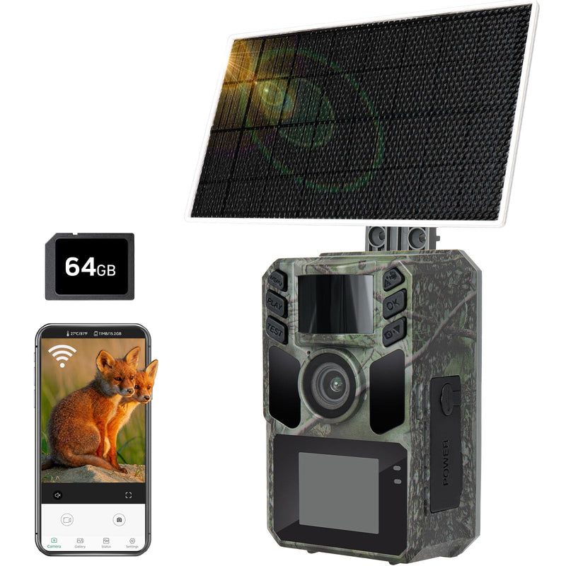WiFi Trail Camera Solar Powered Trail Cam - Rechargeable Trail Camera Built-in 5000mAh Battery - 4K 64MP Hunting Trail Camera with Night Vision for Wildlife Monitoring with 64GB Memory Card Green
