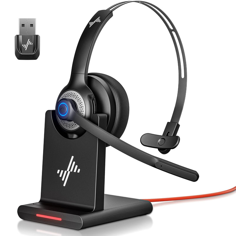 Bluetooth Headset - Wireless Headset with Noise Cancelling Microphone, V5.2 Computer Headphones with USB Dongle, Charging Base & Mic Mute for Work/Call Center/PC/Laptop/Online Class/Zoom Black