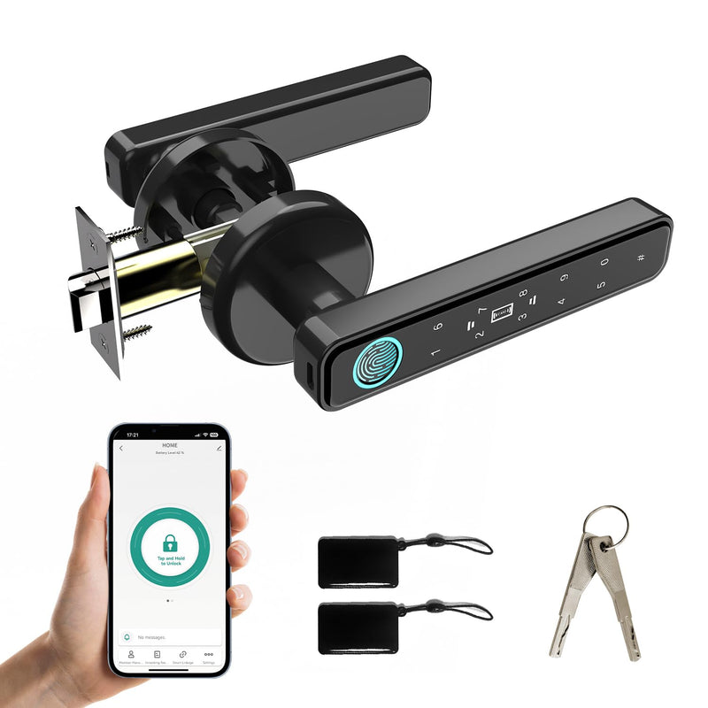 Smart Door Knob & Handle, Fingerprint Door Lock with Bluetooth Keypad | Keyless Entry Door Lock with Key Access, App Control, Privacy & Passage Modes for Home, Bedroom, Office & Apartment Black194