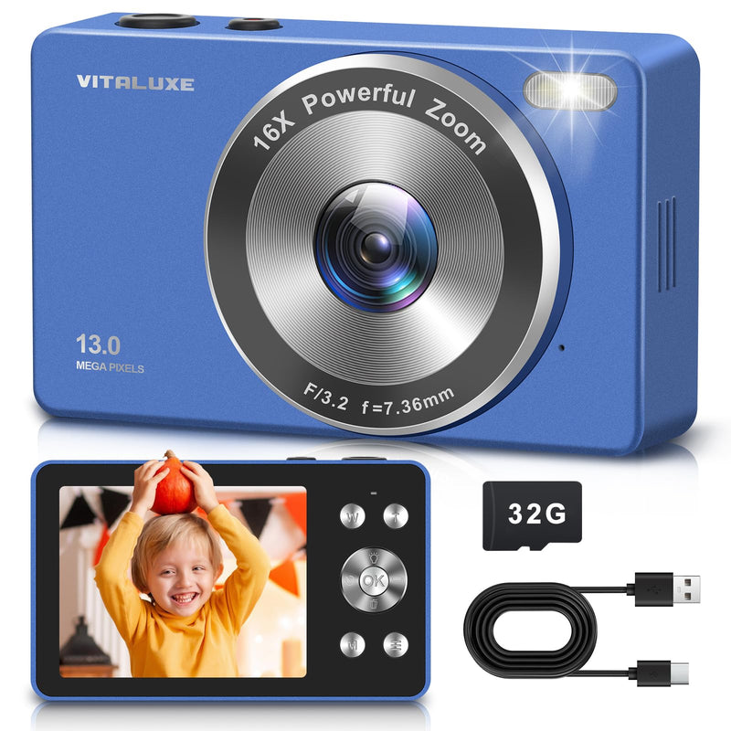 4K Digital Camera, VITALUXE FHD Kids Camera, Real 13MP 16x Zoom Autofocus, 2.83'' LCD Screen, Long Lasting, Compact Small Vintage Camera with 32G Card, Best Gift for Kids, Teens, Girl, Boy, Beginnger Blue