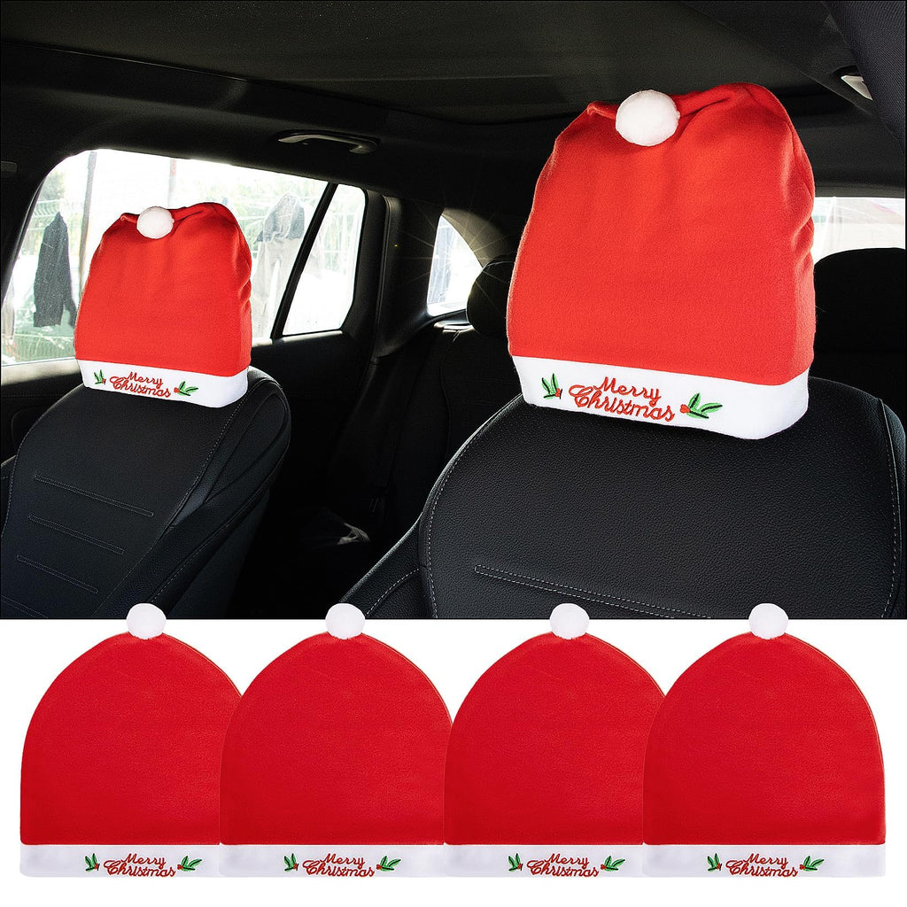 PSLER 4PCS Santa Claus Car Headrest Cover Merry Christmas Embroidery Patterns For Christmas New Year Festival Holiday Party Car Decoration Universal Car Seat Head Rest Covers Merry Christmas Pattern