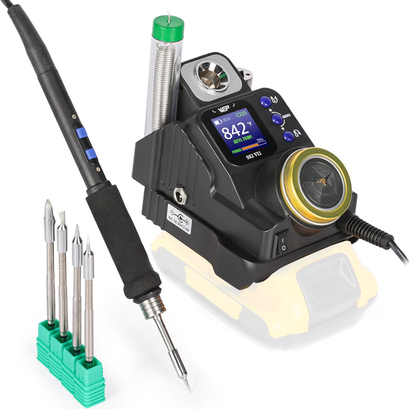 WEP 982-VI 1 Cordless Soldering Station for Dewalt 20V Battery Soldering Iron Kit with Integrated Holder, Tips Cleaner, °C-°F Conversion, Sleep Mode, 5 C235 Compatible Tips, 0.8mm Solder Wire 982-VI 1 for Dewalt