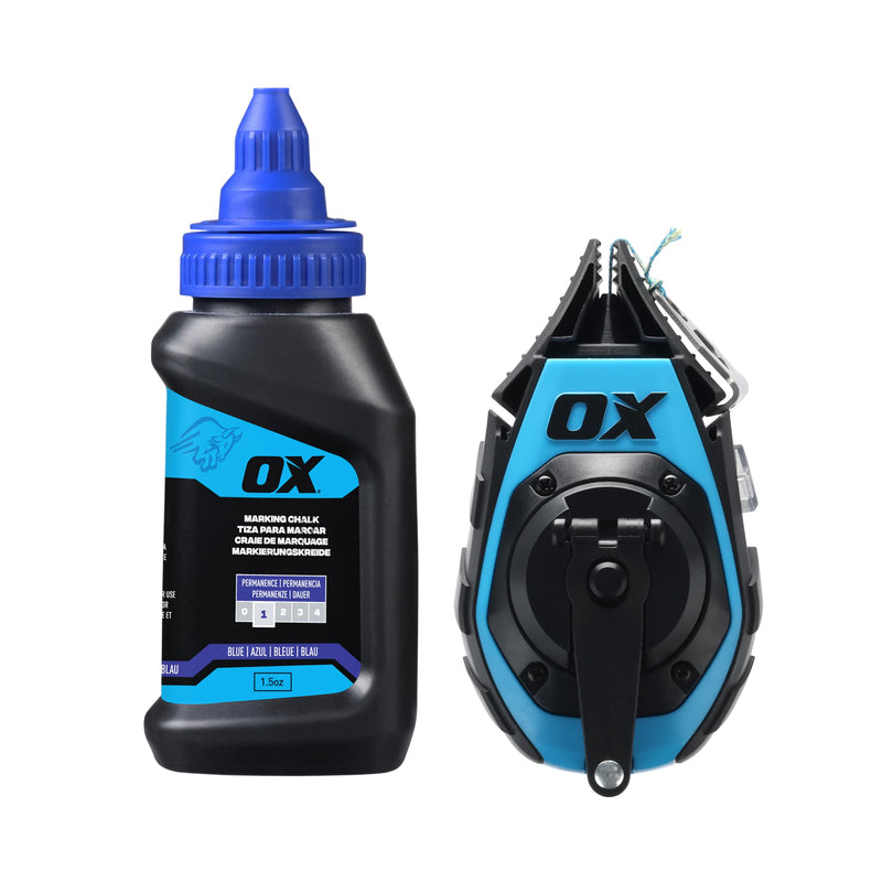 OX Pro 50ft Precision Chalk Line with Pinchable Rubber Tip and 4oz Chalk Powder Refill - Kevlar and Nylon Ultra Fine Line Marking Tool 3:1 Gear Ratio Chalk Reel Tool OX-P630702 50ft Kevlar Chalk Reel + 4oz Refill