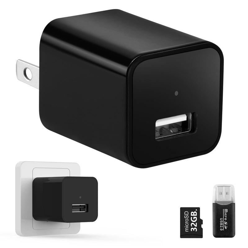 No Audio Charger Camera - Video-Only 1080P Small Camera with Motion Detection - Covert Nanny Cam for Home Indoor Security - 32GB Micro SD Card Included