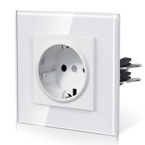 BSEED Glass Socket, EU Standard Wall Socket with Claws, Built-in Socket with Child Lock, Easy to Install, New E Series, 16 A 250 V, 1 Compartment, 86 mm, White 1-gang