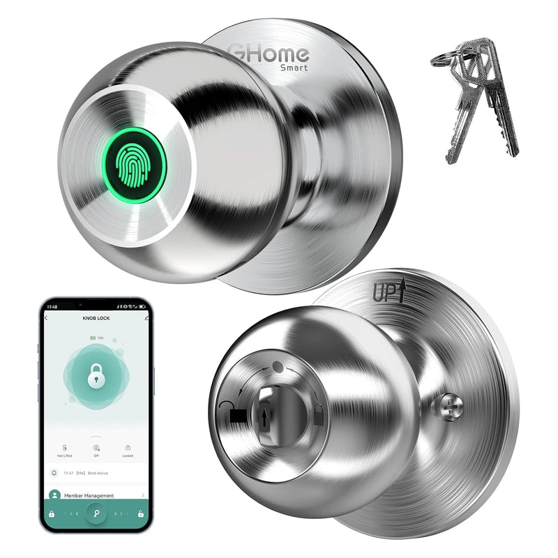 GHome Smart Fingerprint Door Lock, 3 in 1 Smart Fingerprint Door Knob with App Control & Key, Auto Lock, Biometric Door Knobs with Lock for Bedroom, Garage, Home & Office 3 IN 1 - Silver