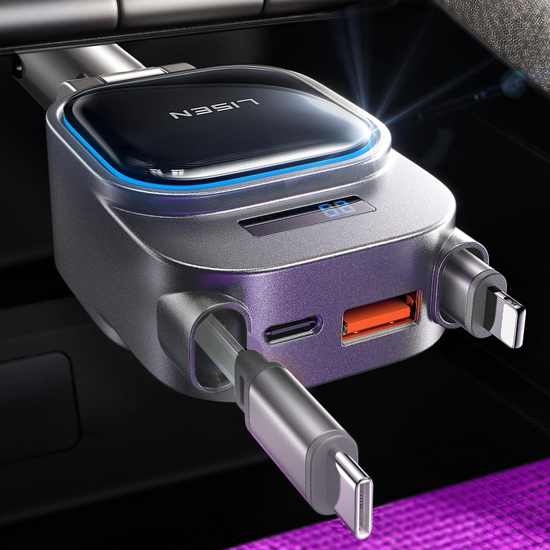 LISEN Only for Trucks 96W Fast Charging Retractable Car Charger[USB C Cable & L Cable], 4 in 1 Retractable Car Charger Fast Charging for iPhone 17 Pro Max 16 15 14 13, Samsung Galaxy S25/24,Grey Grey