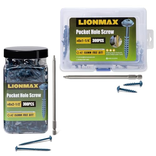 LIONMAX Pocket Hole Screws 2-1/2 Inch, 300 PCS Exterior Pocket Screw #8 x 2-1/2" and Pocket Hole Screws 1-1/4 Inch, 300 PCS Exterior Pocket Screw #8 x 1-1/4", Coarse Thread, 150MM Drive Bit Included