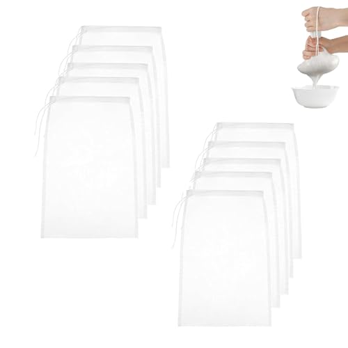 DEANKEJI Press Bag, Pack of 10, Nylon Filter Bag with Drawstring, White, Washable | High-quality nylon, fine mesh net and drawstring, tear-resistant, washable, for juice, soy milk, nut milk, vegetables