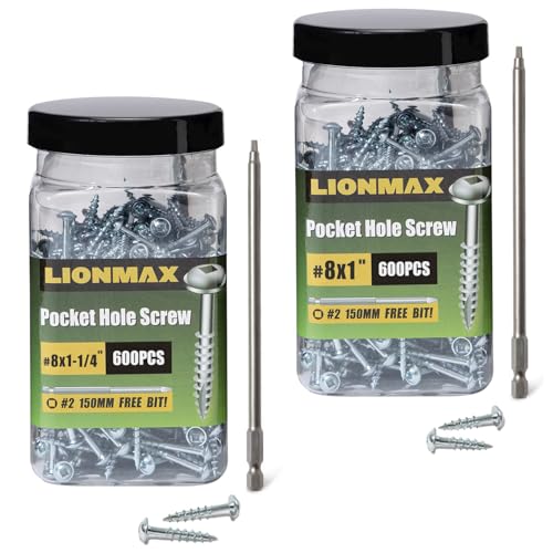 LIONMAX Pocket Hole Screws 1-1/4 Inch, 600 PCS Interior Pocket Screw #8 x 1-1/4" and Pocket Hols 1 Inch, 600 PCS Interior Pocket Screw #8 x 1, Coarse Thread, 150MM Drive Bit Included