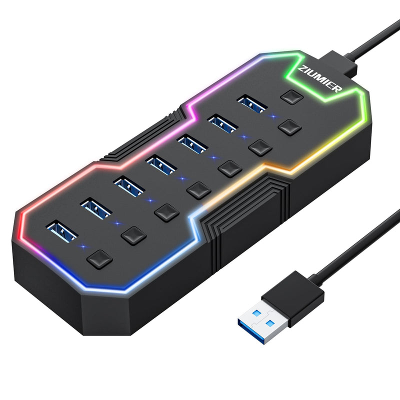 ZIUMIER USB 3.0 Hub,7 Ports USB Expander with RGB LED Strip for MacBook, Mac Pro, Mac mini, iMac, Surface Pro, XPS, PC, Flash Drive, Mobile HDD