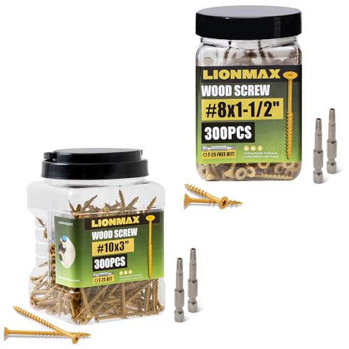 LIONMAX Deck Screws #10 x 3 300 PCS, #8 x 1-1/2" 300 PCS, Rust Resistant, Exterior Epoxy Coated, Outdoor Decking Screws, Torx/Star Drive Head Deck Screw, T25 Star Bit Included, Tan