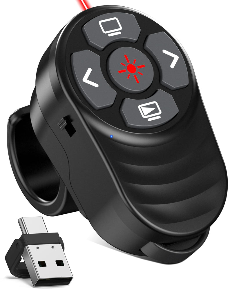 Wireless Finger Ring Presentation Clicker with Laser Pointer & Volume Control - Wearable Slide Advancer Remote for PowerPoint, Mac, Computer, Laptop Red Light-Rechargeable with Finger Ring