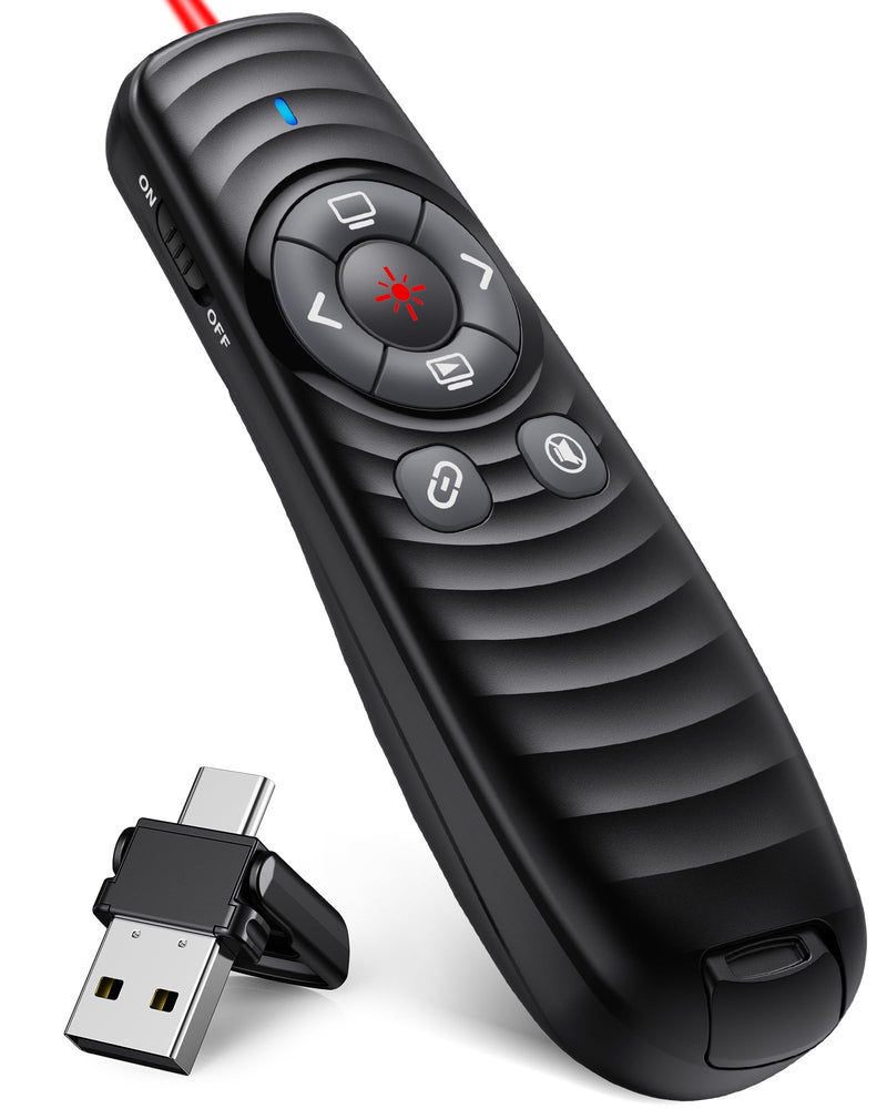 Wireless Presentation Clicker, Powerpoint Clicker Remote with Laser Pointer,Rechargeable Presentation Remote with Hyperlink & Volume Control for PowerPoint, Mac, Computer, Laptop Red Light-Rechargeable